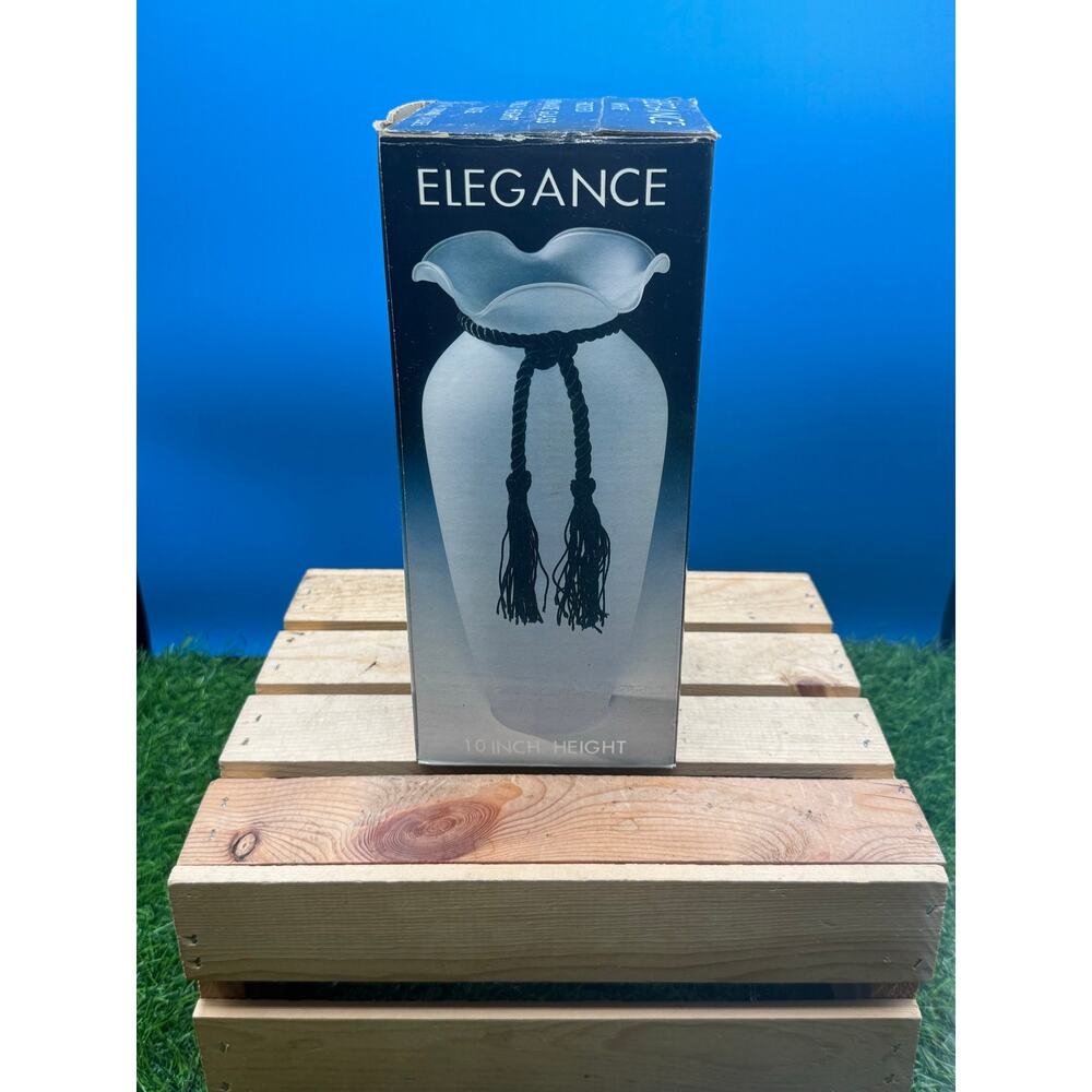 Elegance White Frosted Handmade Glass 10" Vase with Tassel In Box